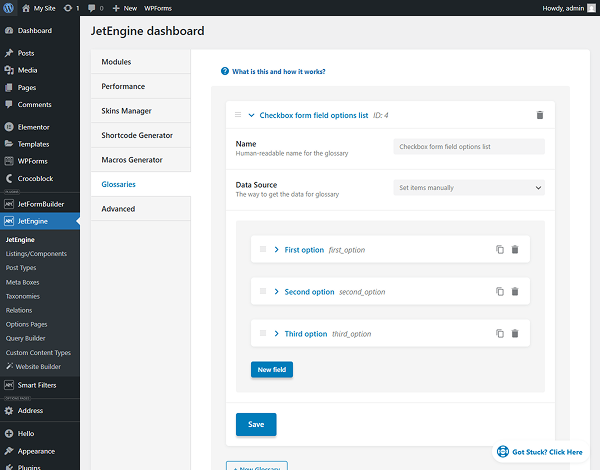 options for a checkbox form field set in the glossary