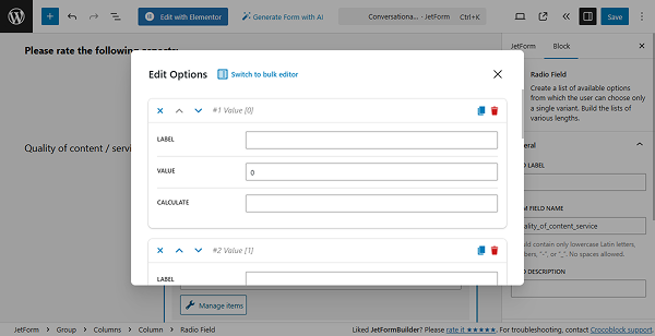 radio fields options set up for likert scale