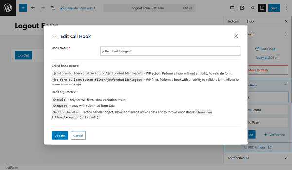 call hook action set up