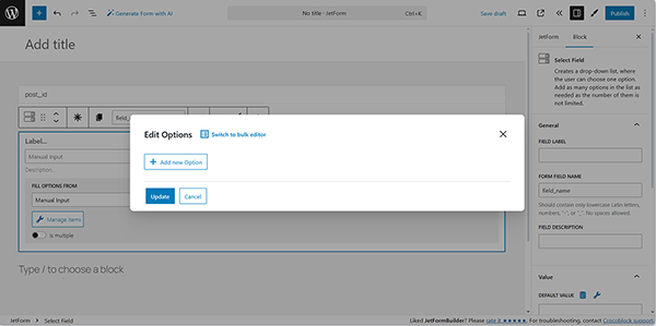 the edit options pop-up of the select field