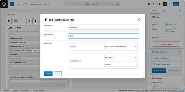 the insert and update post submit action pop-up