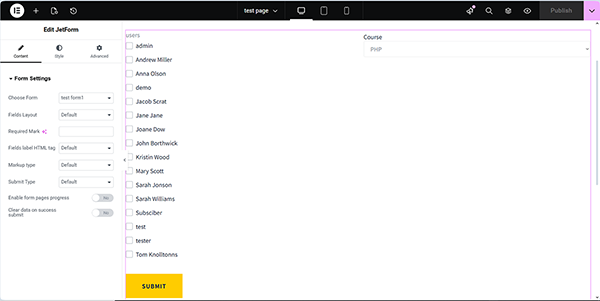 the jetform widget with the inserted form