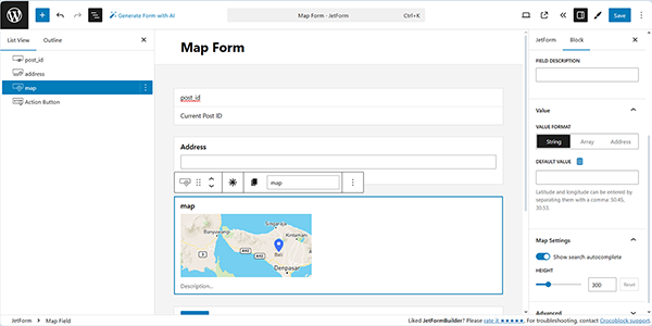 the map field added to the form