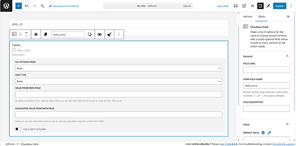 the post option set in the checkbox field