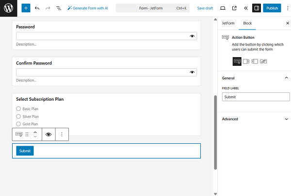 action button in the form