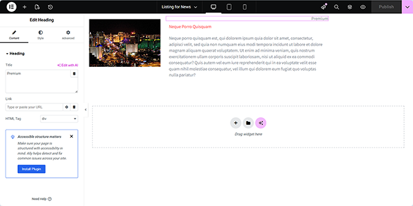 settings of the heading widget