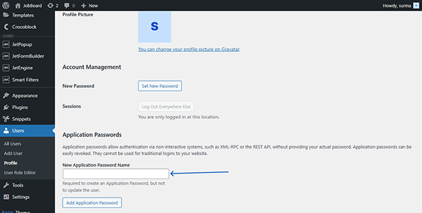 application password settings