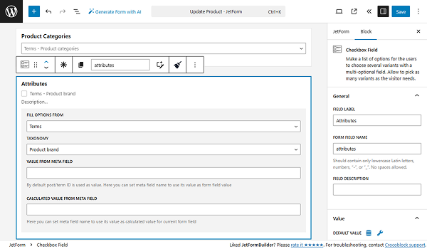 categories and attributes fields for the update form