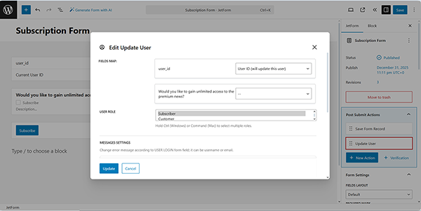 configuring the update user settings