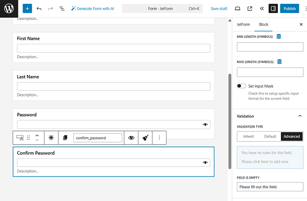 confirm password field in the form