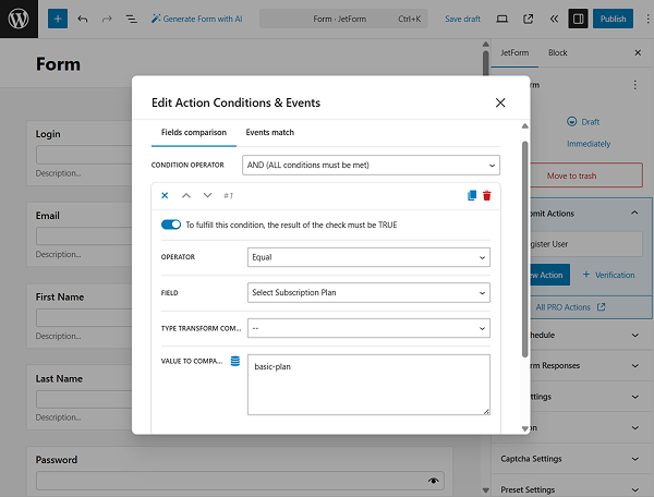 edit action conditions and events pop-up