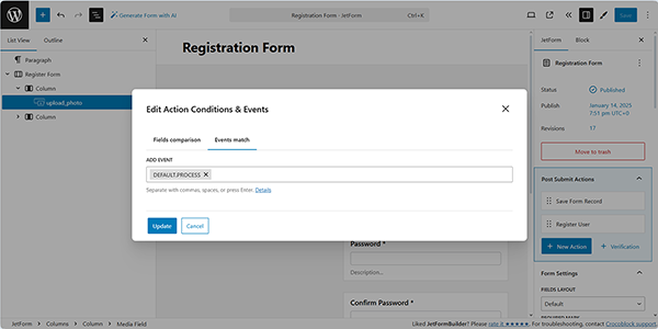 edit actions, conditions, and events