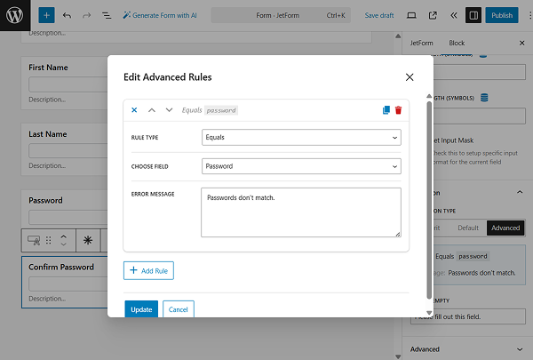 edit advanced rules pop-up