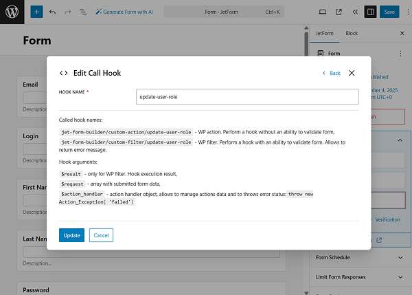 edit call hook pop-up