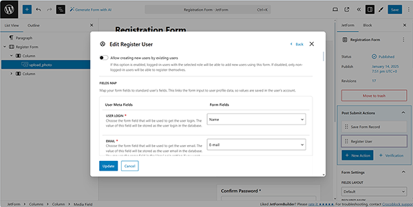 edit register user settings