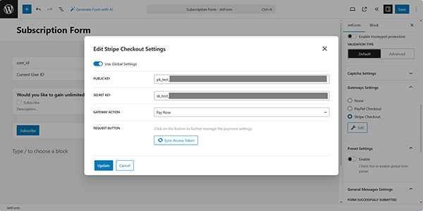 edit stripe checkout settings pop-up