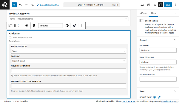 fields for attributes and categories
