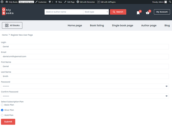 form with three register user actions on the front end