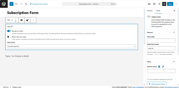 hidden field settings