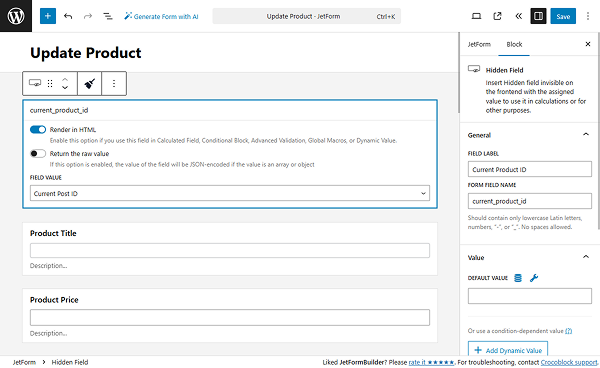 hidden field, text, and number added to the update form