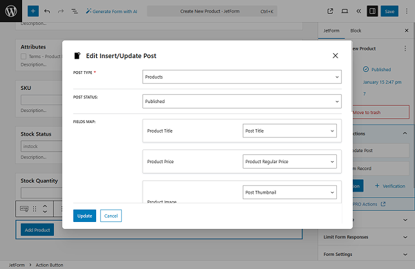 insert product action settings