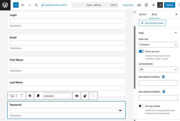 password field in the form