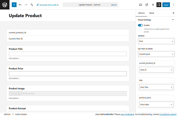preset settings for the update form