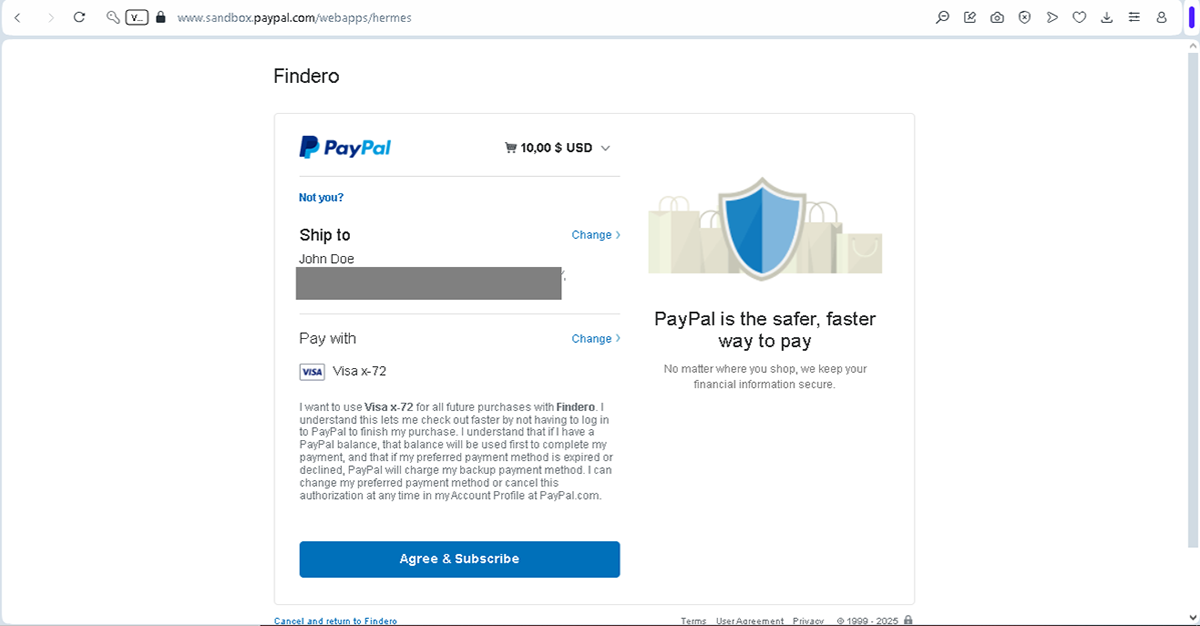 the paypal payment page