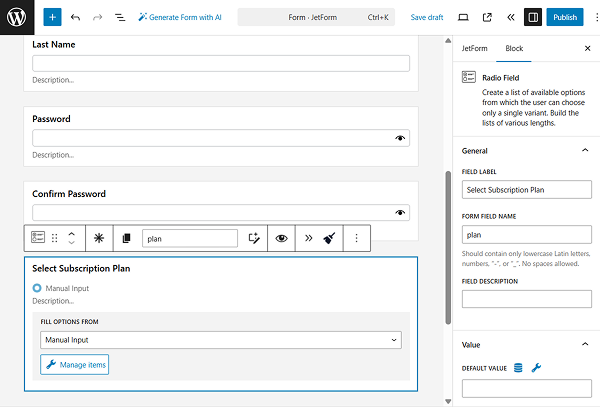 select subscription plan field in the form