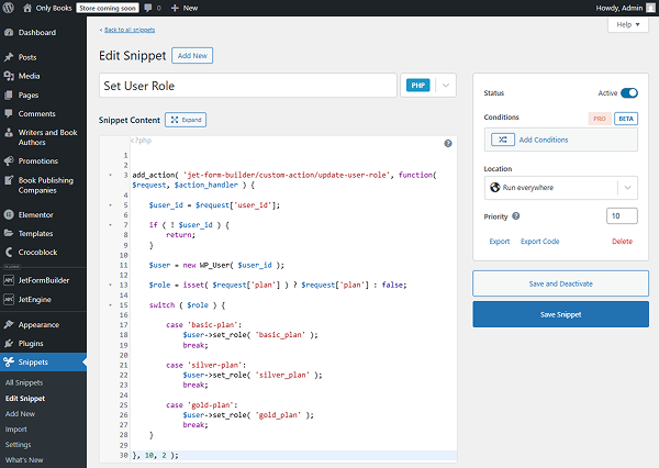 set user role code snippet