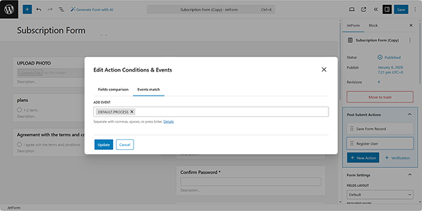 setting the condition for the register user post submit action