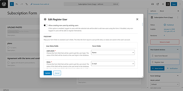 setting the register user post submit action