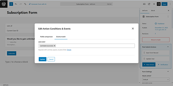 setting the update user action conditions and events