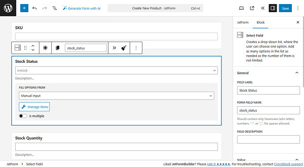sku, stock status and quantity fields