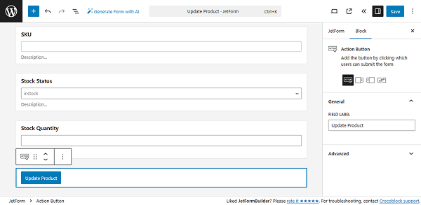 sku, stock status and quantity fields in the update form