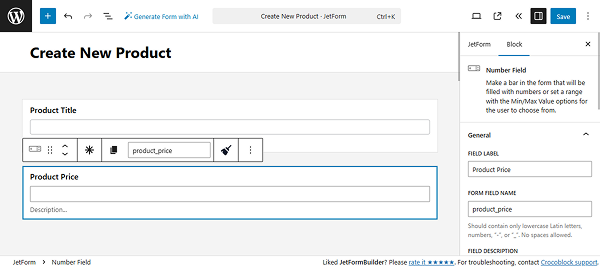 text and number fields added for title and price
