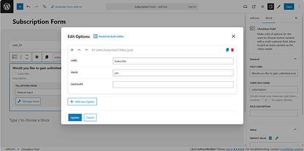 the checkbox field options of the subscription form