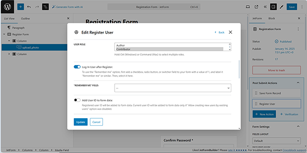 the edit register user pop-up