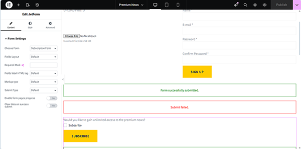the jetform widgets added to a page