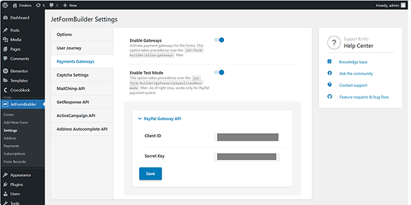 the jetformbuilder settings