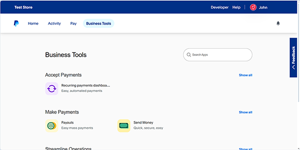the paypal business tool tab