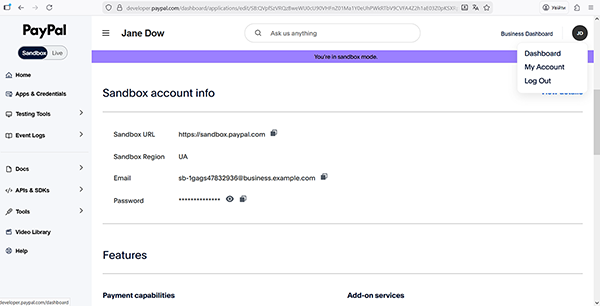 the paypal sandbox account info