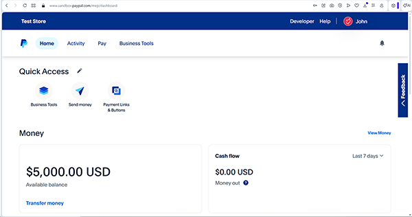 the sandbox account dashboard