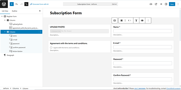 the subscription form built