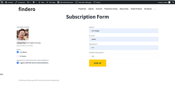 the subscription form on the front end