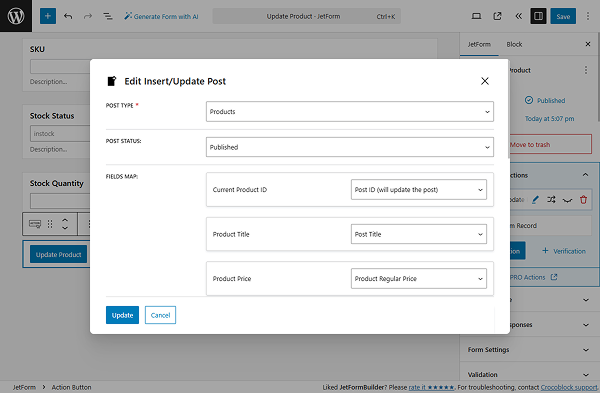 update product action is set