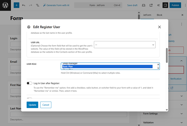 user role field in the edit register user pop-up