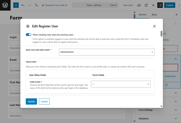 who can add new user in the edit register user pop-up