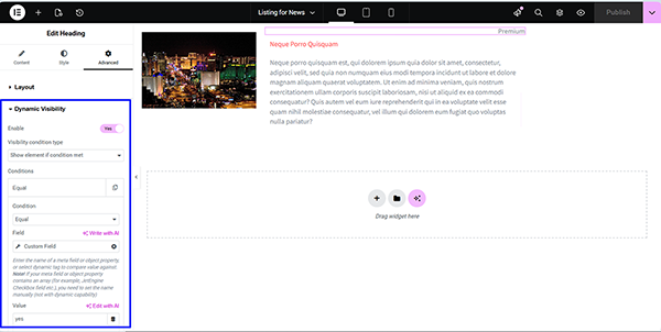 сonfiguring the dynamic visibility conditions for the heading widget