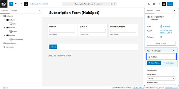 the hubspot post submit action added